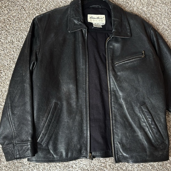 VINTAGE EDDIE BAUER Black Distressed Full Zip Leather Jacket Women’s Small - Picture 2 of 4